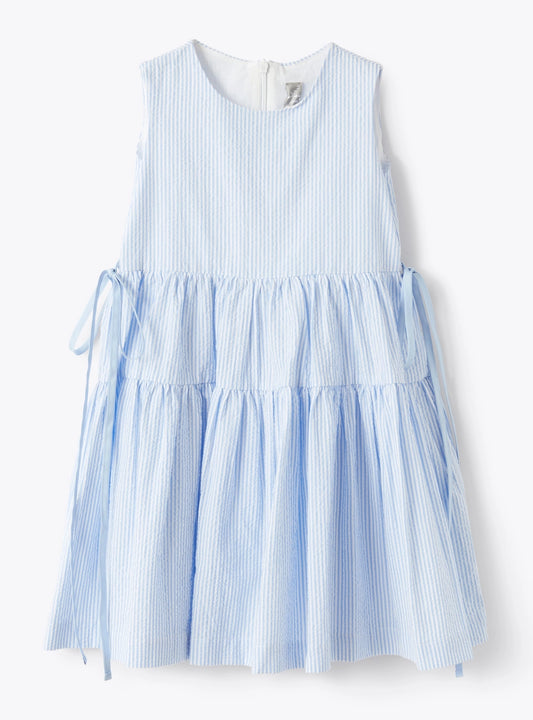 Light blue Sleeveless dress in striped seersucker